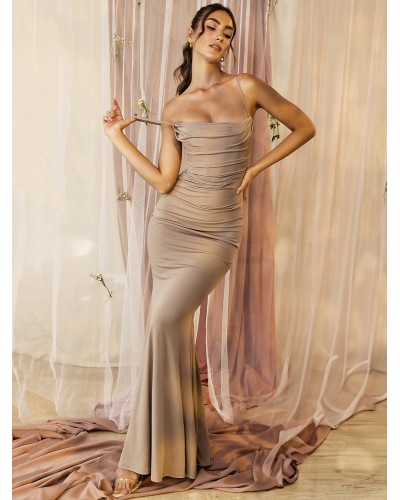 Dresses Light Gold Sleeveless Pleated Elegant Straps Neck Layered Sheath Dress Bodycon Party Dating Resort Wear