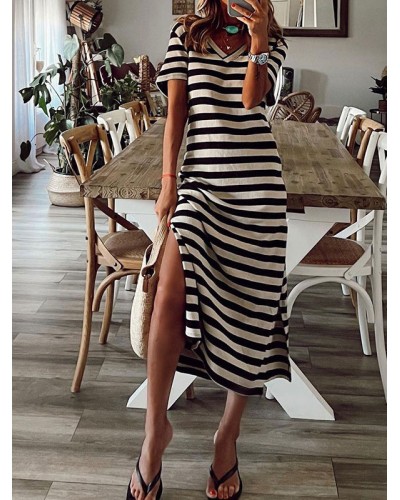 Stripes Low-slit V-Neck Short Sleeves Midi Dress Shift Daily Casual