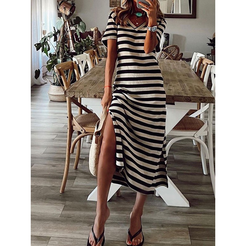 Stripes Low-slit V-Neck Short Sleeves Midi Dress Shift Daily Casual