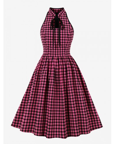 Women Retro Dress 1950s Audrey Hepburn Style Sleeveless Plaid Swing Dress Bodycon Daily Casual