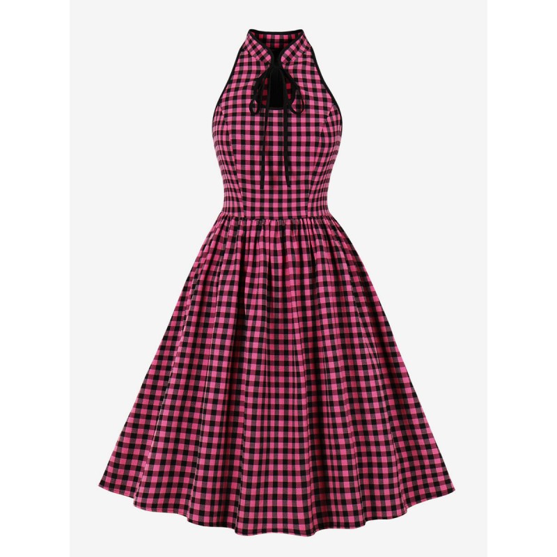 Women Retro Dress 1950s Audrey Hepburn Style Sleeveless Plaid Swing Dress Bodycon Daily Casual