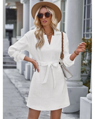 Women Mini Dresses White Long Sleeves Sash Polyester Short Dress Bodycon Spring Fall