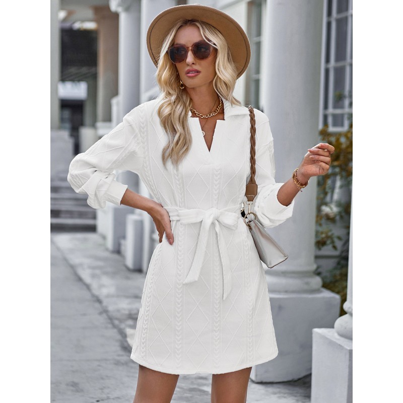 Women Mini Dresses White Long Sleeves Sash Polyester Short Dress Bodycon Spring Fall