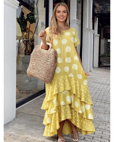 Summer Dress Jewel Neck Polka Dot Pleated High Low Design Pink Long Beach Dress Maxi Street Wear Daily Casual