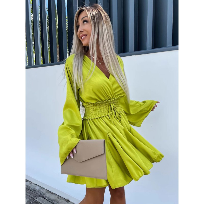 Mini Dresses Yellow Green Long Sleeves Lace Up Short Dress Summer Spring