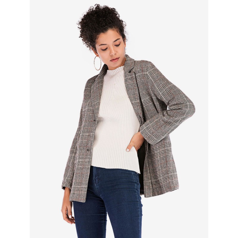 Women Blazer Jacket Plaid Turndown Collar Long Sleeves Outerwear Chic  Modern Casual Street Wear Daily Casual