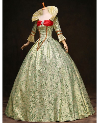 Victorian Dress Costume Royal Retro Costume Women's Victorian Era Clothing Ball Gown Jacquard Floral Green Ruffle Tiered Vintage Princess Costume ROCOCO Halloween Holiday Pageant