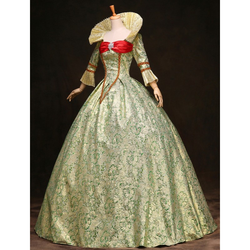 Victorian Dress Costume Royal Retro Costume Women's Victorian Era Clothing Ball Gown Jacquard Floral Green Ruffle Tiered Vintage Princess Costume ROCOCO Halloween Holiday Pageant