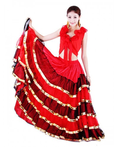 Women Flamenco Girls Red Black Layered Mesh Dance Adults Spanish Ballroom Dress Off Shoulder Paso Doble Costumes Carnival