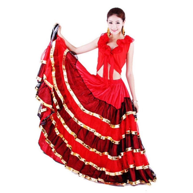 Women Flamenco Girls Red Black Layered Mesh Dance Adults Spanish Ballroom Dress Off Shoulder Paso Doble Costumes Carnival