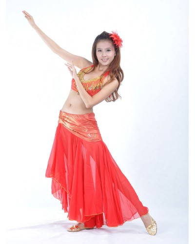 Women Belly Dance Top Adult's Sequins Red Christmas Chiffon Dancing Wear Dress