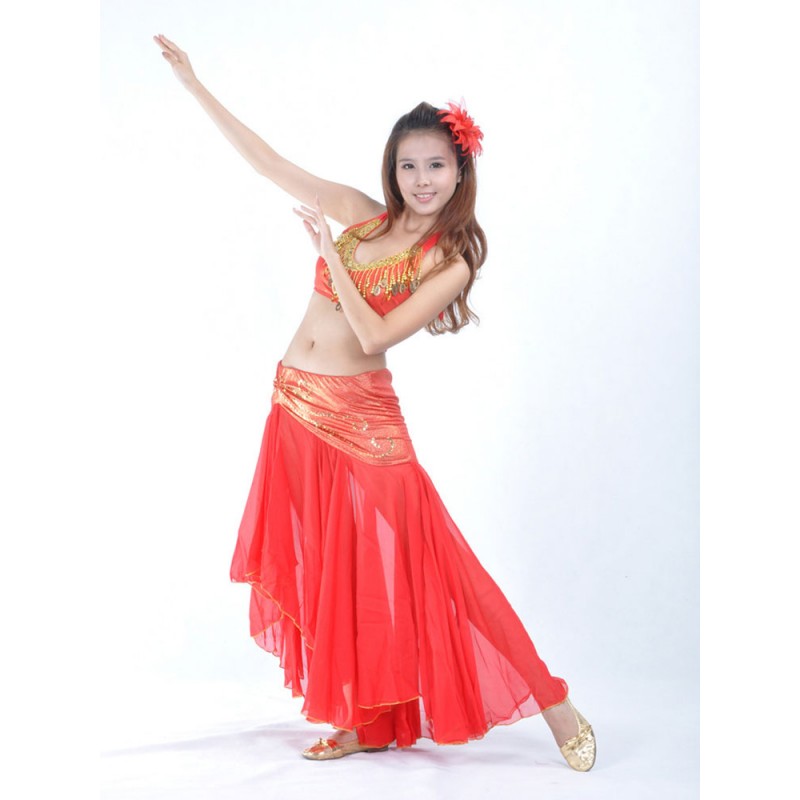 Women Belly Dance Top Adult's Sequins Red Christmas Chiffon Dancing Wear Dress