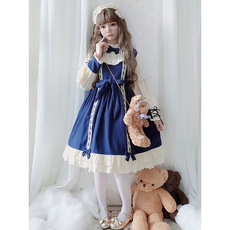 Sweet Lolita OP Dress Honey Girl Bows Burgundy Bow Long Sleeves Lolita One Piece Dresses Spring Fall Daily Casual