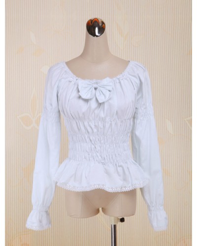 White Cotton Lolita Blouse Long Sleeves Shirring Bow Round Neck