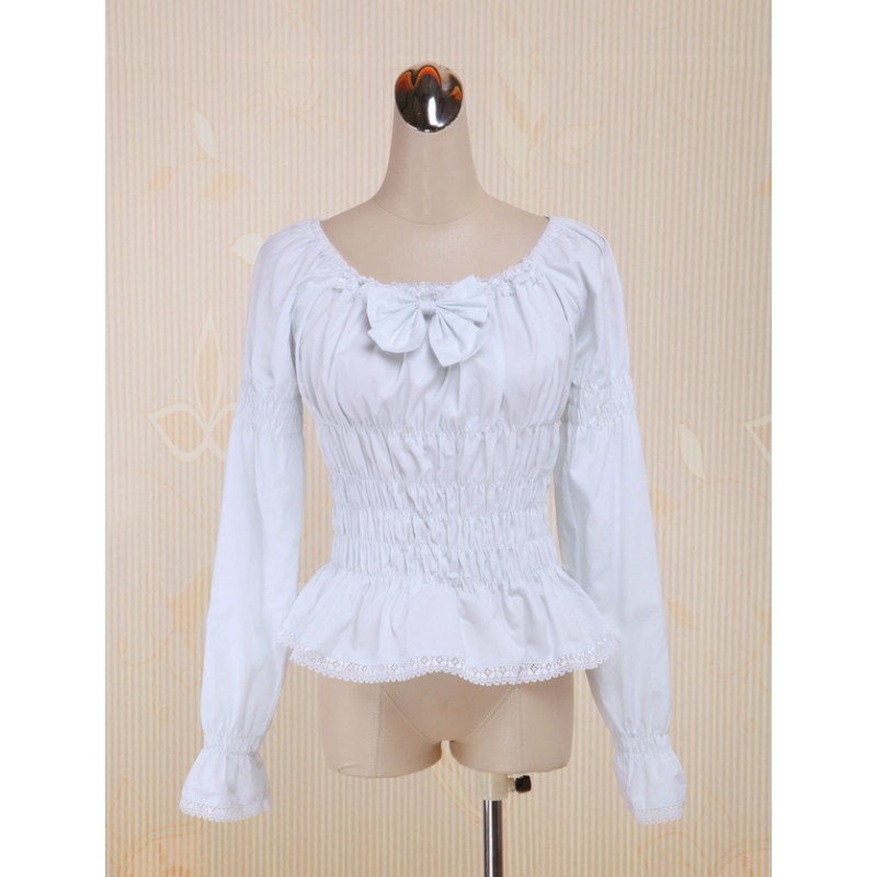 White Cotton Lolita Blouse Long Sleeves Shirring Bow Round Neck