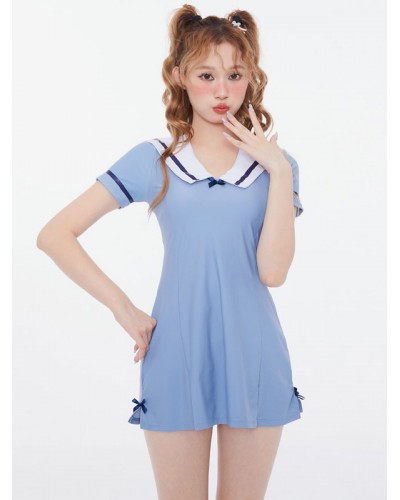 Lolita Swimsuits Deep Blue Bows Short Sleeves Dress Pants Academic