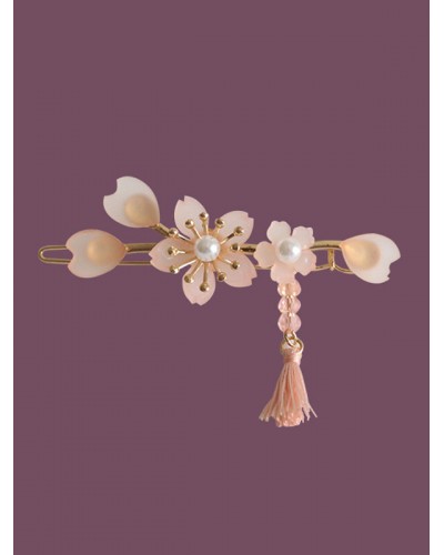 Wa Lolita Headdress Pink Sakura Pattern Metal Headwear Flowers Fringe Pearls Lolita Headband Hair Clips Kimono Daily Casual