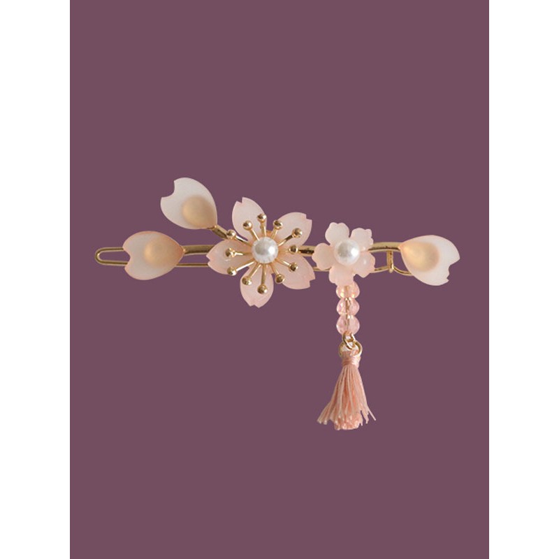 Wa Lolita Headdress Pink Sakura Pattern Metal Headwear Flowers Fringe Pearls Lolita Headband Hair Clips Kimono Daily Casual