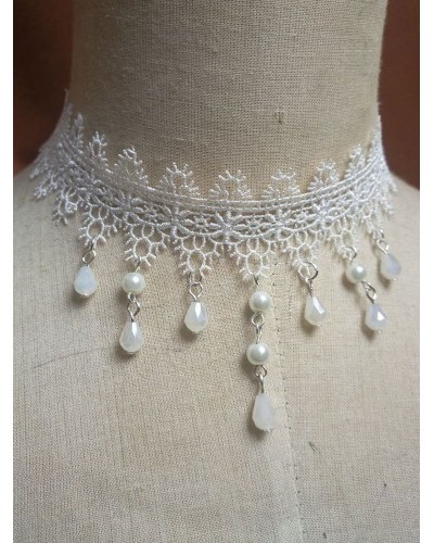 Classic Lolita Choker Necklace Lace Pearl Dangle White Lolita Jewelry Classic  Traditional