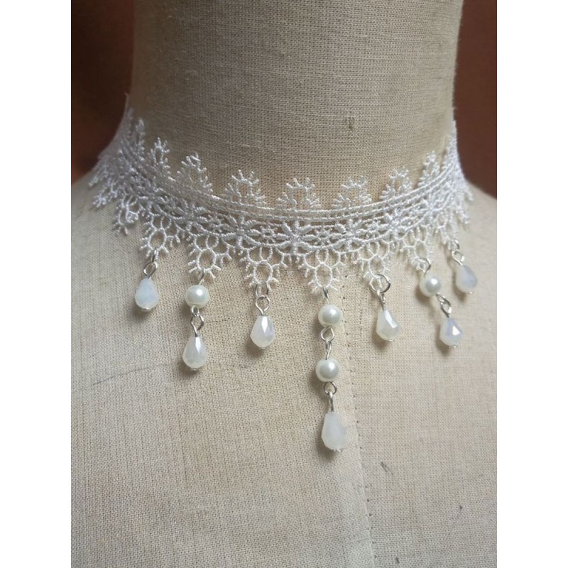 Classic Lolita Choker Necklace Lace Pearl Dangle White Lolita Jewelry Classic  Traditional