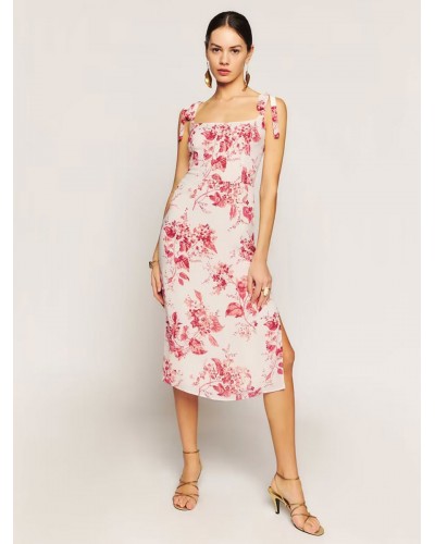 Floral Midi Dress Sleeveless Square Neck Sweet Low-slit Adjustable Straps Split Front Backless Side Slit Medium Dress Summer Street Wear Daily Casual Resort Wear