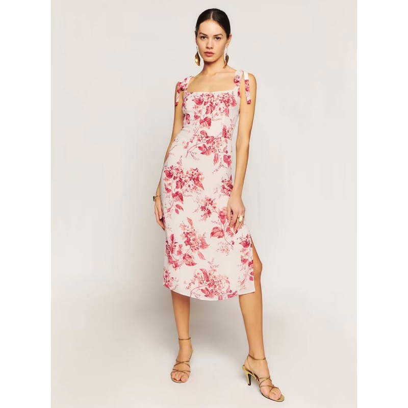 Floral Midi Dress Sleeveless Square Neck Sweet Low-slit Adjustable Straps Split Front Backless Side Slit Medium Dress Summer Street Wear Daily Casual Resort Wear