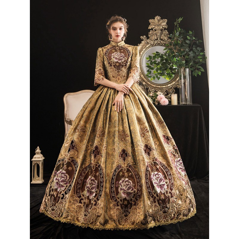 Women Victorian Dress Costumes 's Blonde Half Sleeves Stand Collar Victorian Era Style Marie Antoinette Costume Dress Masquerade Ball Gown Sets ROCOCO