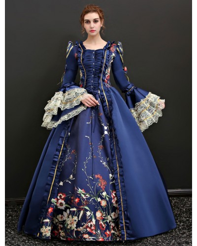 Women Victorian Dress Costume 's Racoco Dark Navy Princess Sissi 's Dark Navy Trumpet Long Sleeves Victorian Era Clothing With Hat Retro Costumes Halloween Sets ROCOCO