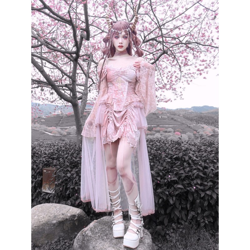 Lolita SK Lace Pleated Pink Lolita Skirts Gothic Spring Summer Fall