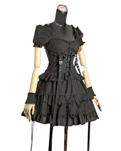 Black Cotton Lolita One-Piece For Women Punk Gothic Summer Daily Casual