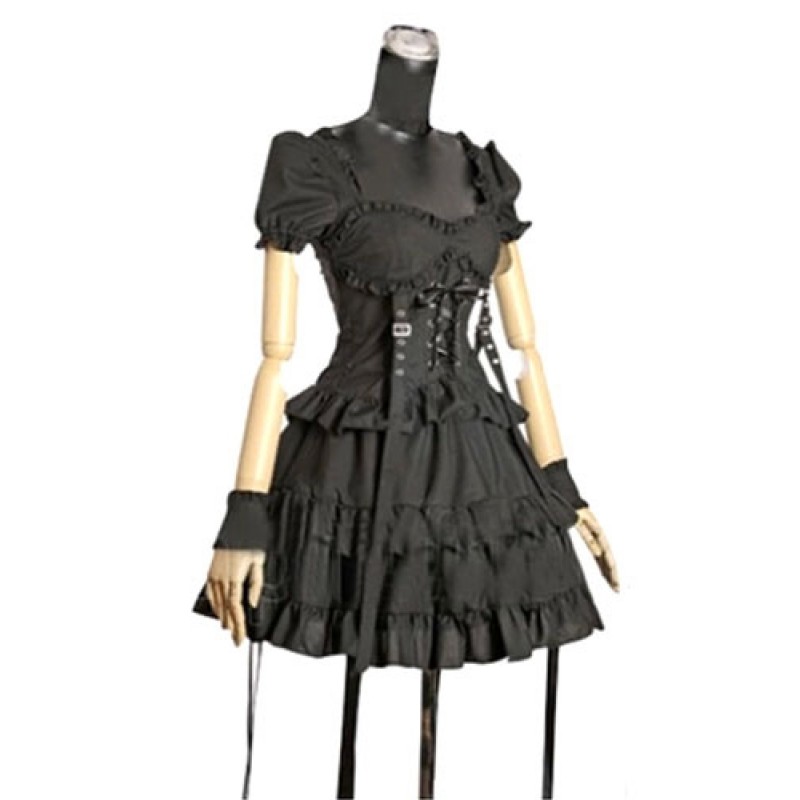 Black Cotton Lolita One-Piece For Women Punk Gothic Summer Daily Casual