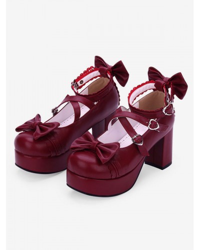 Sweet Lolita Shoes Bow Strappy Platform Chunky Heel Burgundy Lolita Footwear Daily Casual Tea Party