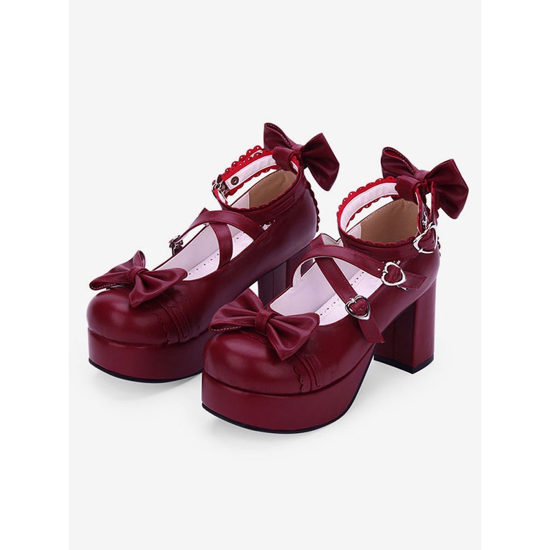 Sweet Lolita Shoes Bow Strappy Platform Chunky Heel Burgundy Lolita Footwear Daily Casual Tea Party