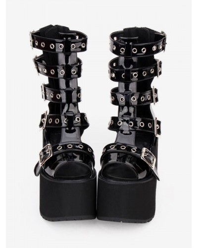 Gothic Lolita Sandal Boots Grommet Metallic Buckle Platform Black Lolita Footwear Steampunk Daily Casual Tea Party