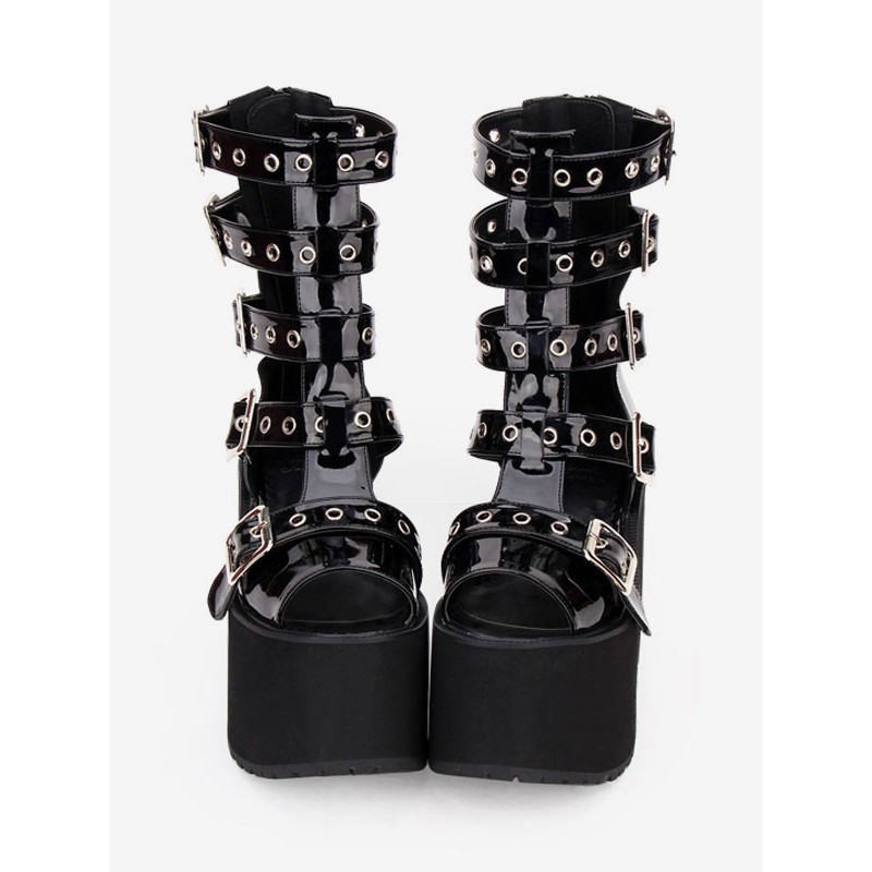 Gothic Lolita Sandal Boots Grommet Metallic Buckle Platform Black Lolita Footwear Steampunk Daily Casual Tea Party