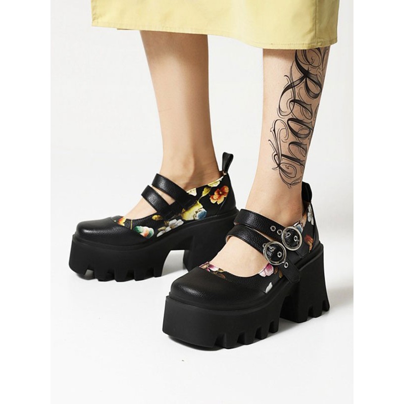 Academic Lolita Footwear Black PU Leather Wedge Heel Lolita Shoes