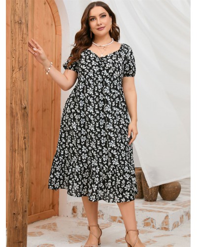 Plus Size Dress For Women V-Neck Short Sleeves Floral Print Pleated Medium One Piece Dress Summer