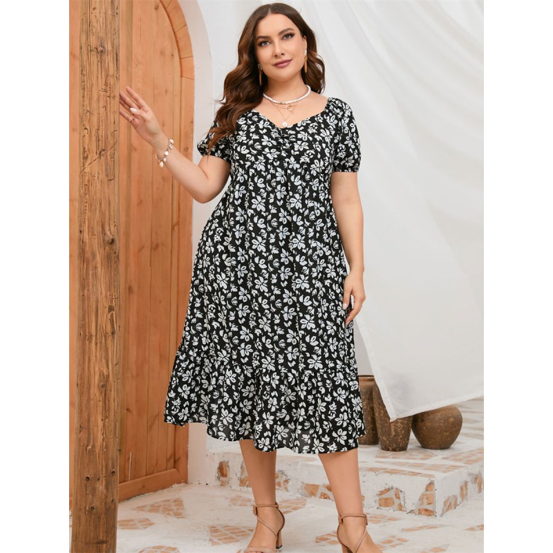 Plus Size Dress For Women V-Neck Short Sleeves Floral Print Pleated Medium One Piece Dress Summer