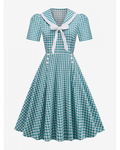 Dress 1950s Audrey Hepburn Style Turndown Collar Short Sleeves Medium Plaid Swing Dress Vintage Retro Spring Summer