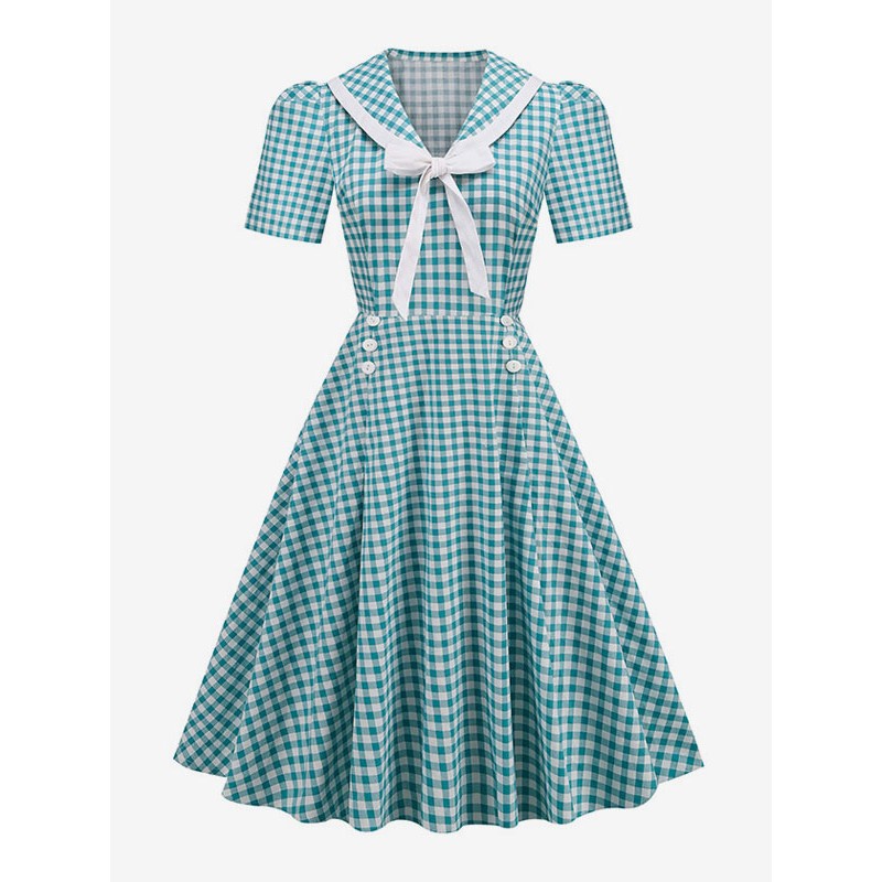 Dress 1950s Audrey Hepburn Style Turndown Collar Short Sleeves Medium Plaid Swing Dress Vintage Retro Spring Summer