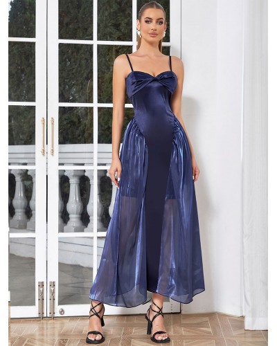 Dresses Navy Blue Straps Neck Sleeveless Backless Semi Formal Dress Maxi Party Dating Resort Wear