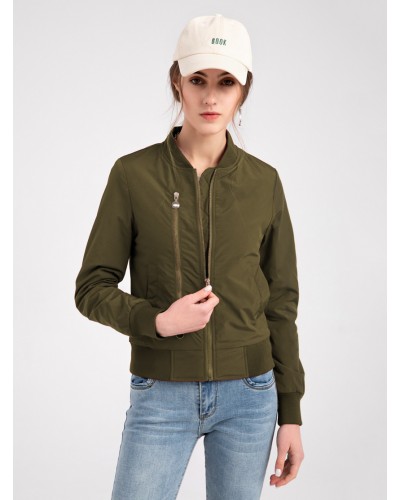 Women Bomber Jacket Hunter Green Baseball Jacket Solid Color Stand Collar Zipper Cotton Filled Street Outerwear Casual Spring Fall Winter Street Wear Field