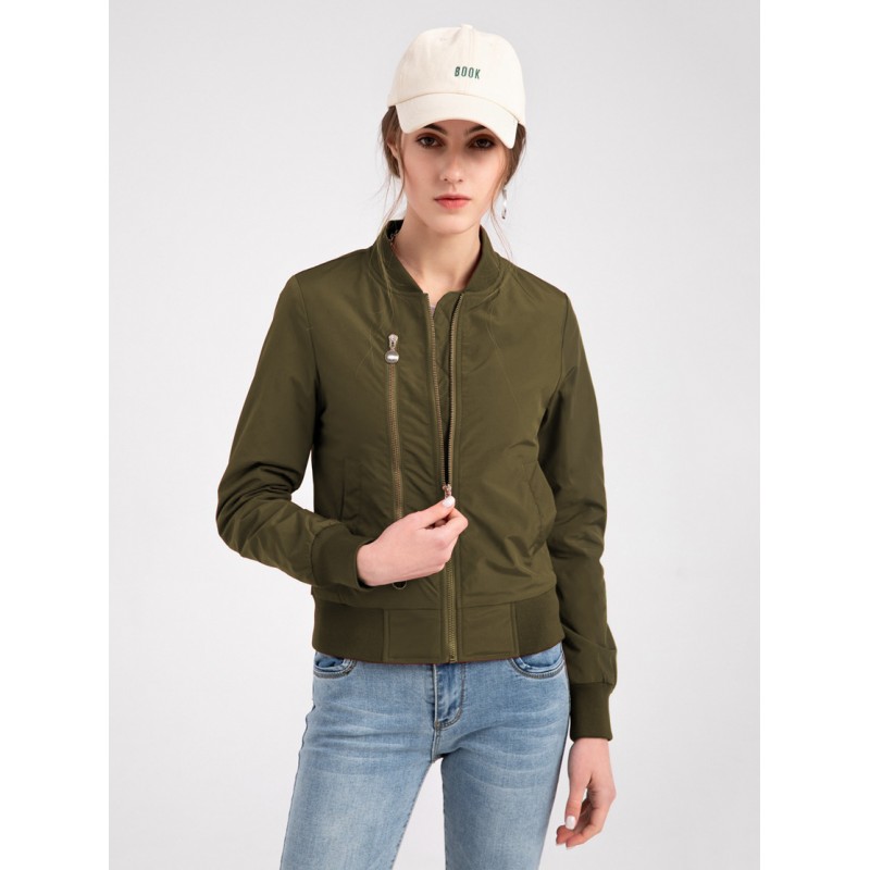 Women Bomber Jacket Hunter Green Baseball Jacket Solid Color Stand Collar Zipper Cotton Filled Street Outerwear Casual Spring Fall Winter Street Wear Field