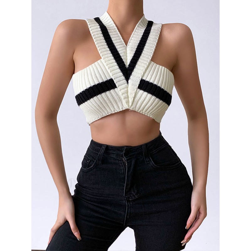 Women White Cami Top V-Neck Acrylic Backless Two-Tone Camis Sexy Street Wear