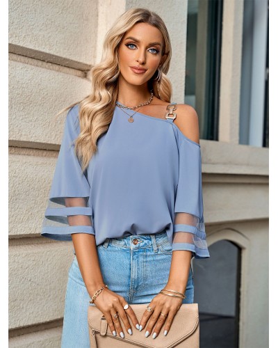 Women Half Sleeves Tees Blue Gray One-Shoulder Tee Shirt Casual Summer