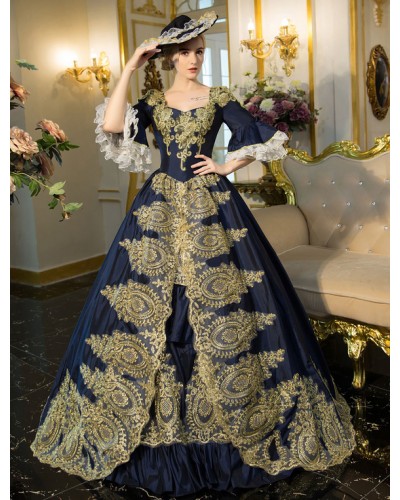 Blue Retro Costume Rococo Embroidered Bell Sleeve Lace Up Tunic Renaissance Gown Dress Baroque Halloween Holiday Pageant