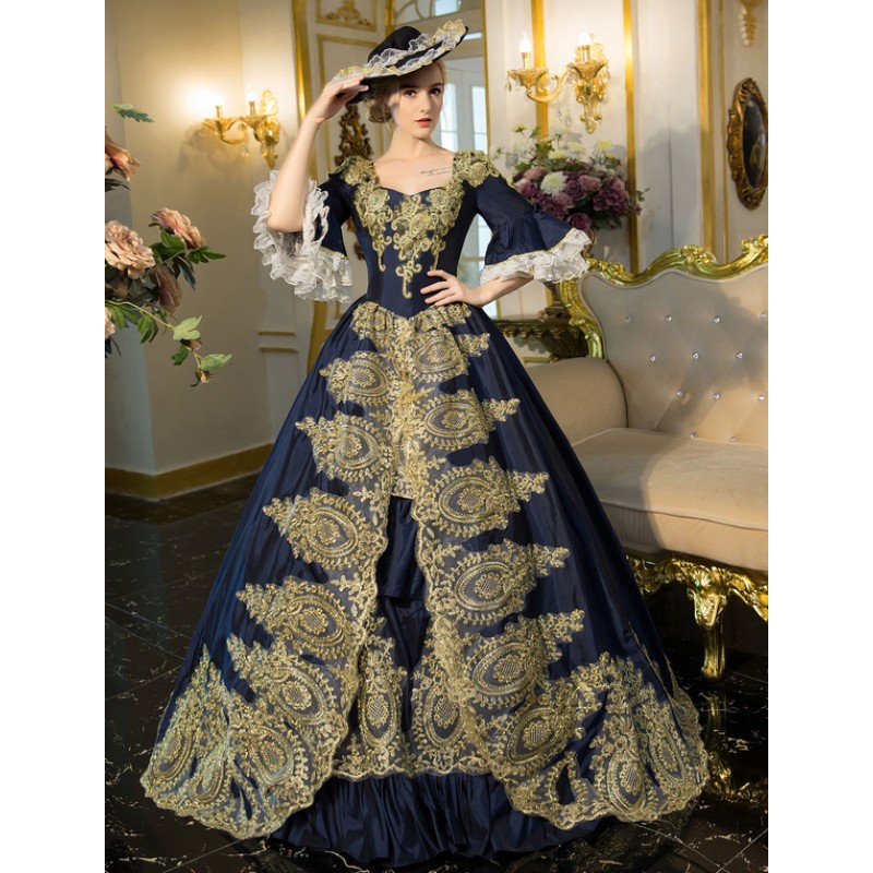 Blue Retro Costume Rococo Embroidered Bell Sleeve Lace Up Tunic Renaissance Gown Dress Baroque Halloween Holiday Pageant