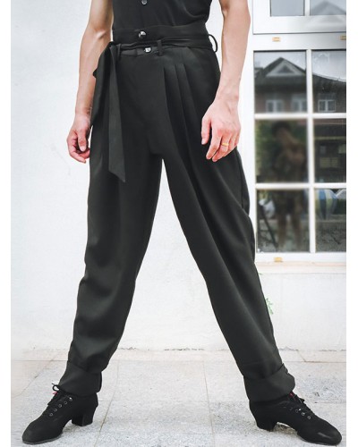 Men Latin Dance Pants Black Polyester Bottoms Adults Dancing Wear