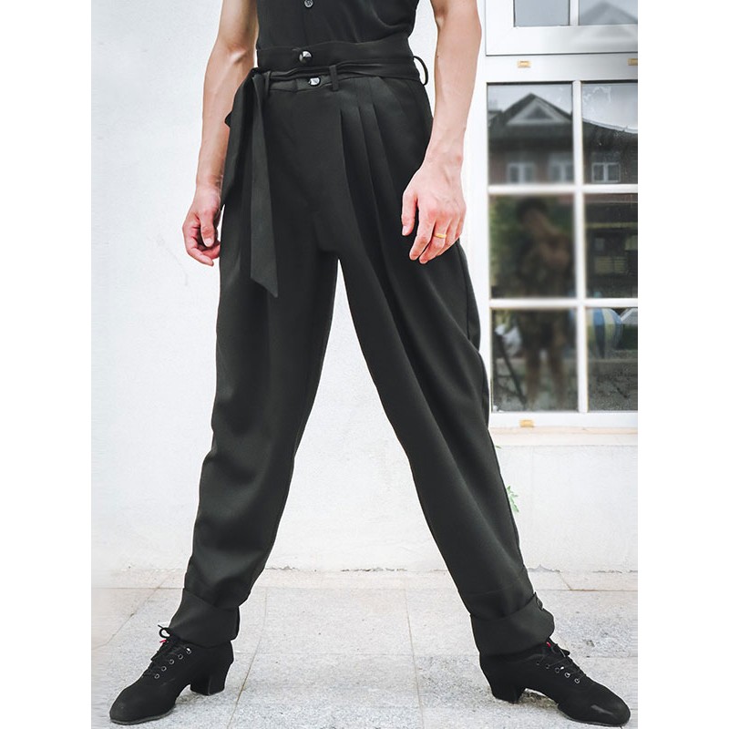 Men Latin Dance Pants Black Polyester Bottoms Adults Dancing Wear