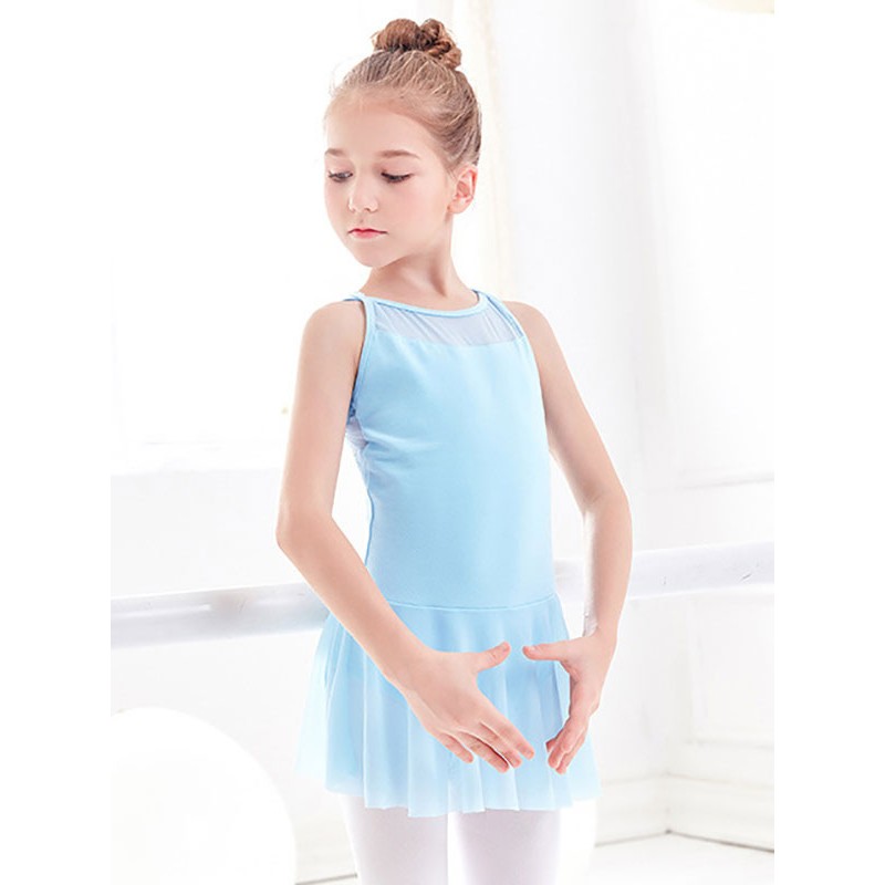 Women Ballet Dance Costumes Light Sky Blue 's Kid's Ballerina Pleated Criss-Cross Artwork Backless Lycra Spandex Dress Dancing Wear Tunic Elegant Art Deco/Retro